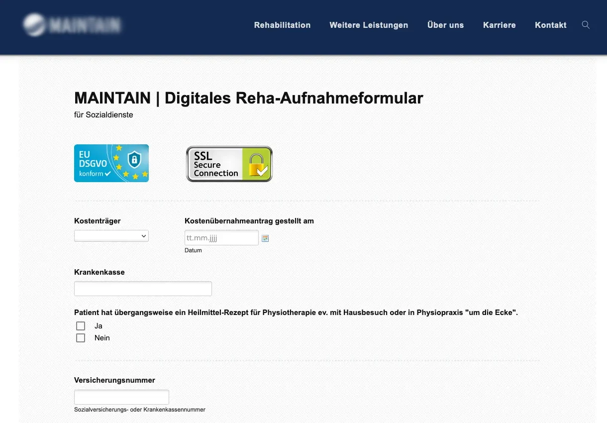 Individuell erstelltes digitales Aufnahmeformular für einen Kunden in Deutschland
