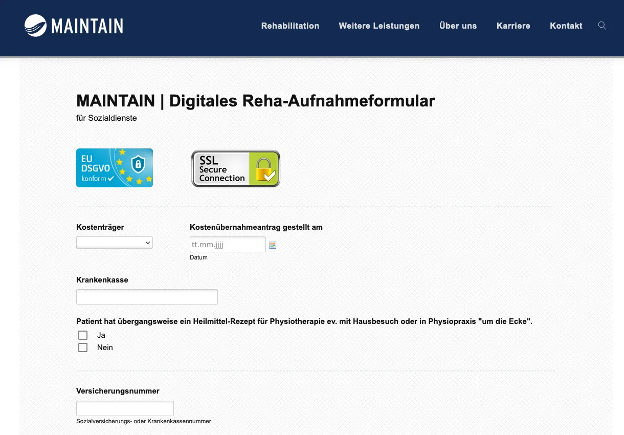 Individuell erstelltes digitales Aufnahmeformular für einen Kunden in Deutschland