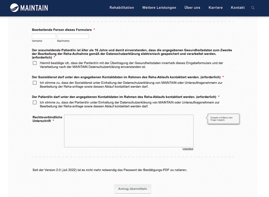 Digitales Formular für Geschäftsprozess bei Rehazentrum